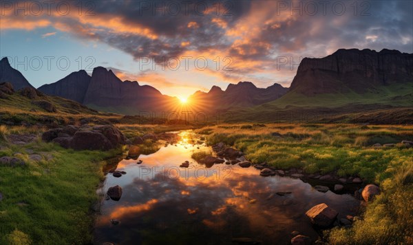 Sunset reflected in mountain stream amidst tranquil scenery AI generated