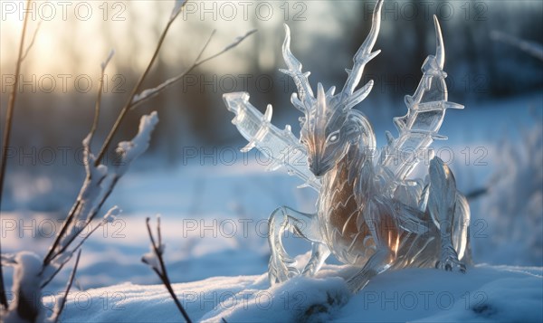 A majestic ice sculpture stag stands in a frosty field as sunlight filters through AI generated