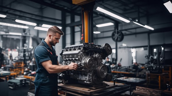 Car engine repair in a car repair shop by an auto mechanic