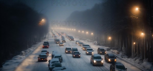 Traffic flow in the city on a snowy road