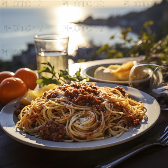 Abendessen bei Sonnenuntergang ueber dem Meer