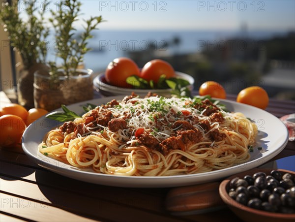 Ein Teller frische Pasta an einem sonnigen Tag im Freien