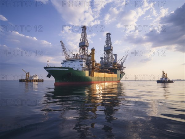 Golden sunset illuminates an offshore drilling ship with a calm surrounding sea