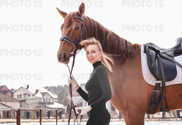 Beautiful stylish woman walking with a horse in a country club. Equestrian sport
