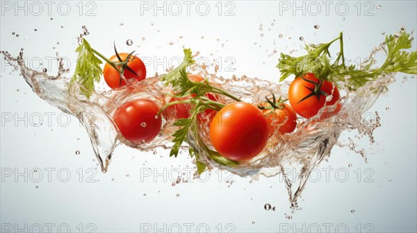 Tomatoes falling into water with splash on white background