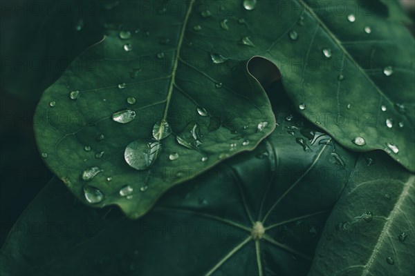 Close-up of a green leaf dotted with fresh raindrops in a natural setting