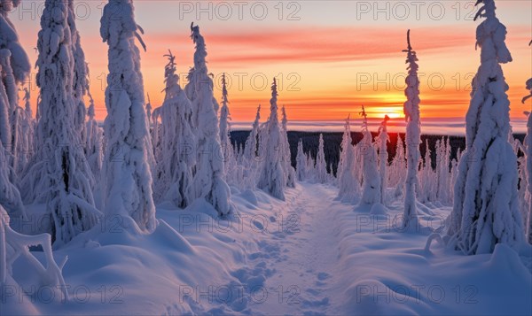 A serene snowy landscape at sunset