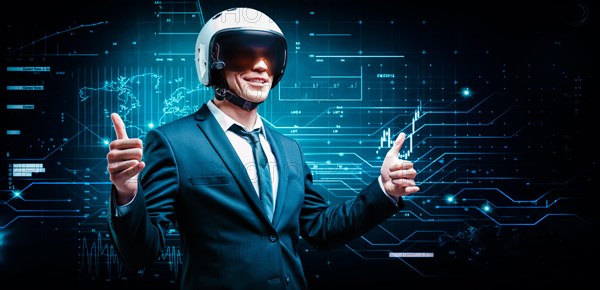 Portrait of a man in a suit and helmet. He shows thumbs up on the background of a futuristic hologram. Business concept. IT.