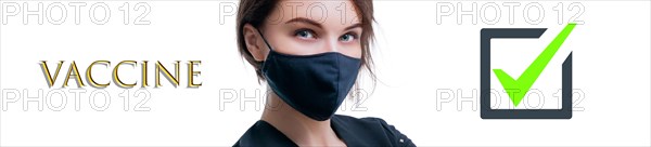 Portrait of a beautiful girl in a protective mask. Coronavirus vaccine concept. Advertising banner. Medical concept