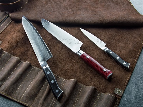Excellent set of Japanese chef's knives from Damascus steel. View from above