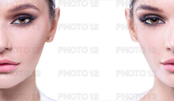 Portrait of a female young face with perfect makeup. The concept of plastic surgery