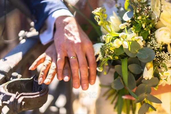 Hands of bride and groom with rings at a wedding