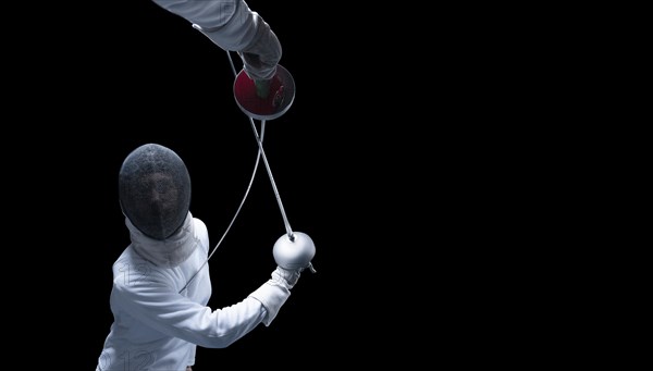 Two fencers are fighting in a tournament. The concept of fencing.