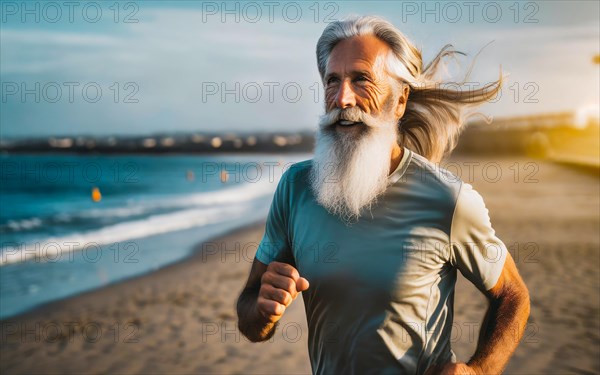 Elderly man jogging on the beach