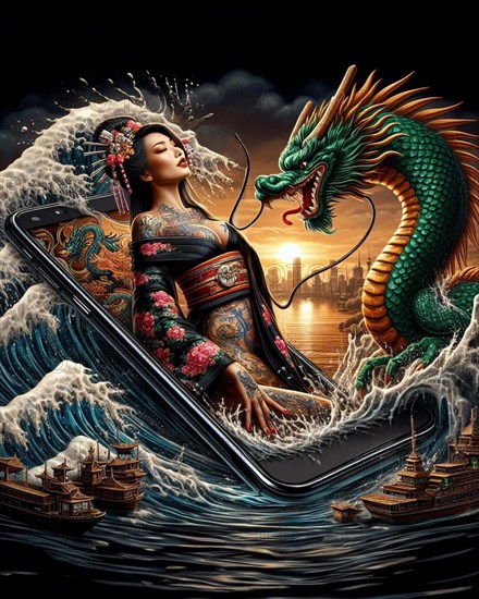 Surreal artwork of a chinese dragon emerging from waves with a tradtional tattooed asian woman