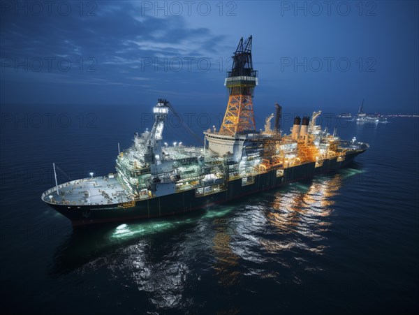 Nighttime view of an illuminated offshore drilling ship in the middle of the ocean