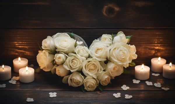 A romantic heart-shaped bouquet of white roses with candles on wood AI generated