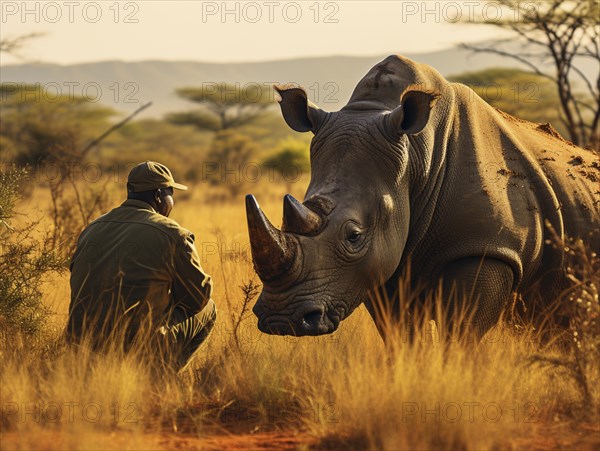 Evening light illuminates a ranger monitoring a rhinoceros in the grassland