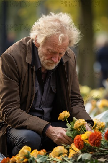 Man sitting sadly at gravestone