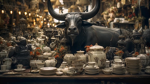 Very large bull with horns in a China shop filled with glassware. generative AI