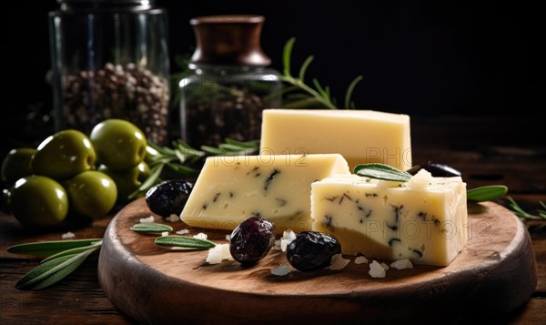 Cheese with olives and rosemary on a wooden board AI generated