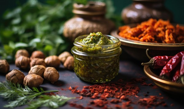 Homemade pesto sauce with ingredients on a wooden background. Selective focus AI generated