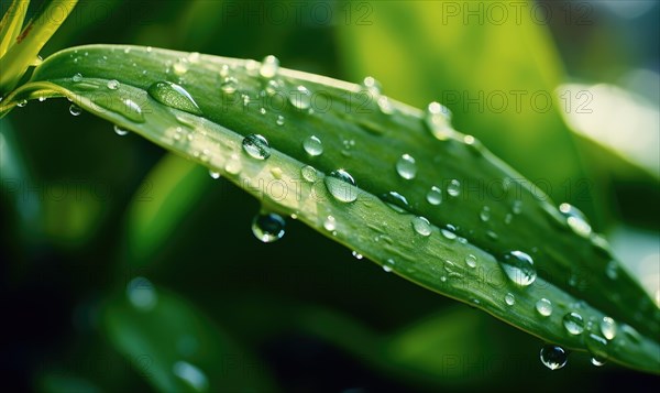 Macro shot of a green leaf with sparkling water droplets like fresh morning dew AI generated