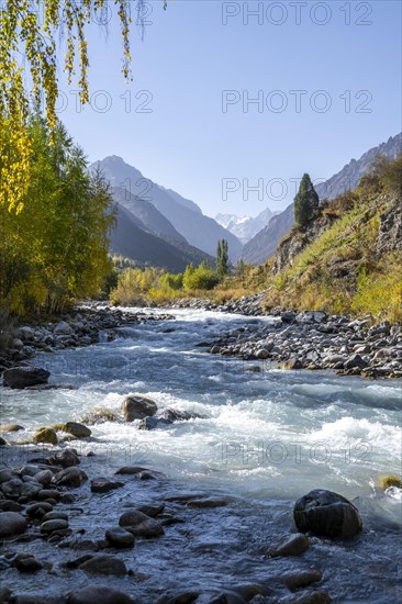 Mountain stream Ala Archa flows through the Ala Archa valley