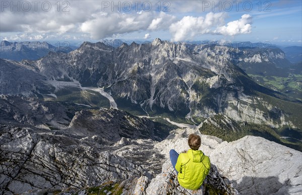 View of Wimbachgries valley and mountain panorama with rocky mountain peak of Hochkalter