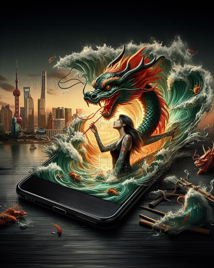 Surreal artwork of a chinese dragon emerging from waves with a tradtional tattooed asian woman