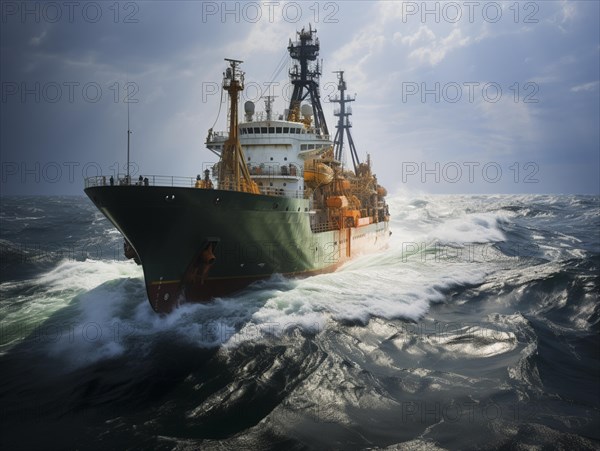 Offshore drilling ship navigating through stormy seas with high waves