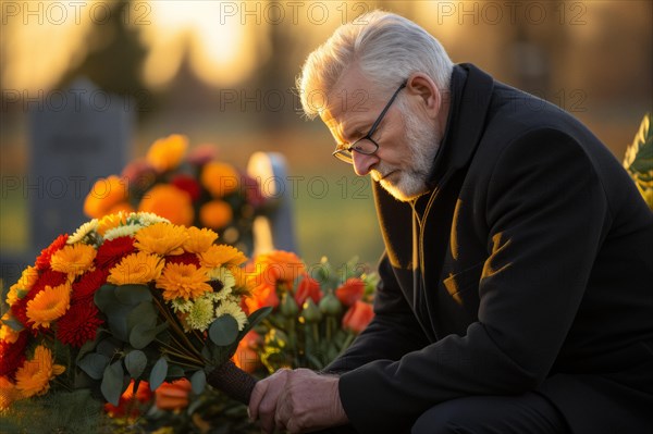 Man sitting sadly at gravestone