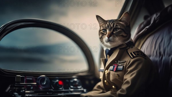 Cat pilot in an airplane pilot uniform on an airplane