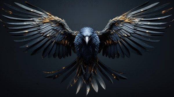 Black crow with golden wings on a dark background AI generated