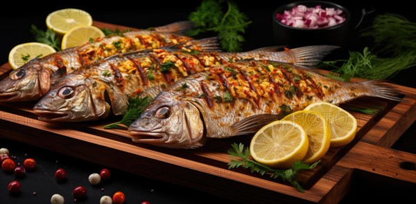 Grilled fish with lemon and vegetables on a wooden board. Restaurant menu AI generated