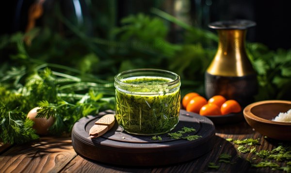 Homemade pesto sauce with ingredients on a wooden background. Selective focus AI generated