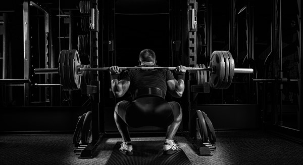 Professional athlete sits with a barbell on his shoulders and prepares to stand with her. View from the back