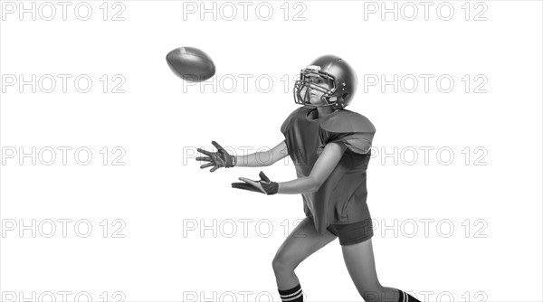 Black and white images of a sports girl in the uniform of an American football team player. Sports concept. White background.