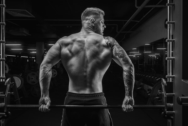 Portrait of an athlete sitting on a barbell in the gym. View from the back. Bodybuilding and fitness concept.