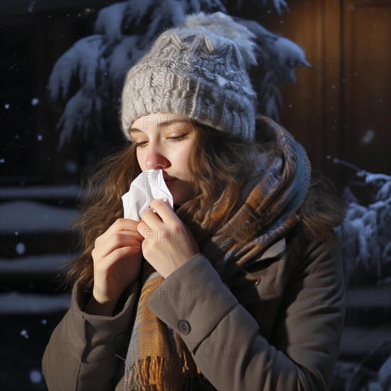 Sick female standing in a winter woodland