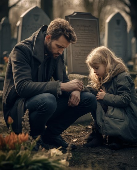 Father with daughter sitting sadly at the gravestone