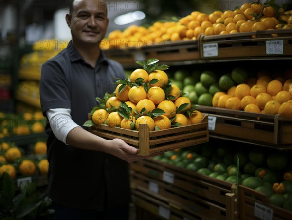 Smiling grocer presenting a basket of fresh oranges at the market
