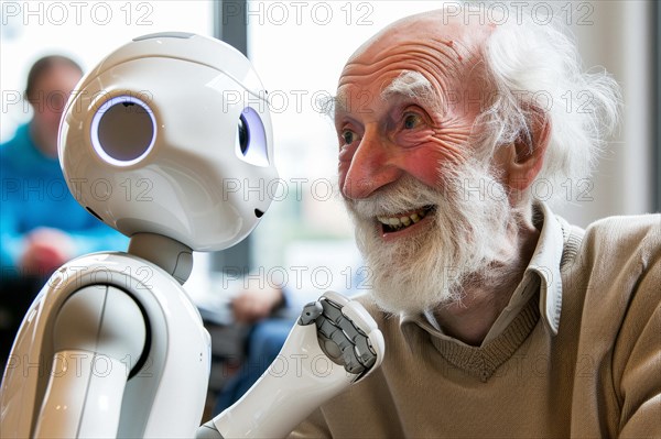 Old man having fun with a white artificial intelligence controlled care robot