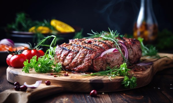 Grilled beefsteak with onion rings and rosemary on wooden board AI generated