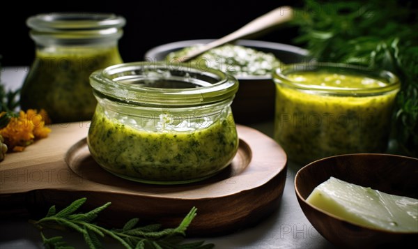 Homemade pesto sauce with fresh tomatoes and parsley on dark background AI generated