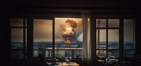 Nuclear explosion in the city view from the window