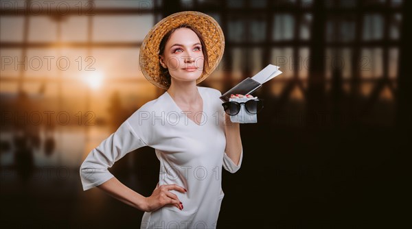 Portrait of a beautiful woman in a yellow hat standing at the airport with a passport and ticket. Travel concept.