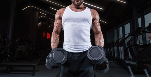 Handsome young man working out with dumbbells in the gym. Shoulder pumping. Fitness and bodybuilding concept.