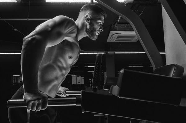 Portrait of an athlete doing push-ups on the uneven bars in the gym. Bodybuilding and fitness concept.