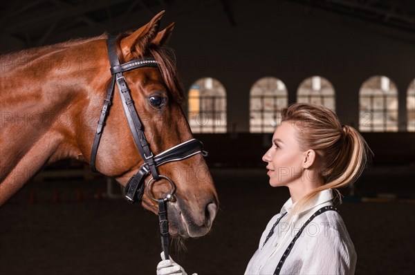 Portrait of a stylish woman hugging a thoroughbred horse. Love and care concept.